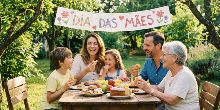 Família com três gerações sorri em volta de mesa rústica com bolos, frutas e suco, sob faixa escrita Dia das Mães.