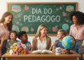 Três educadoras sorriem cercadas por crianças diversas, lousa verde com texto "Dia do Pedagogo", globo e flores.