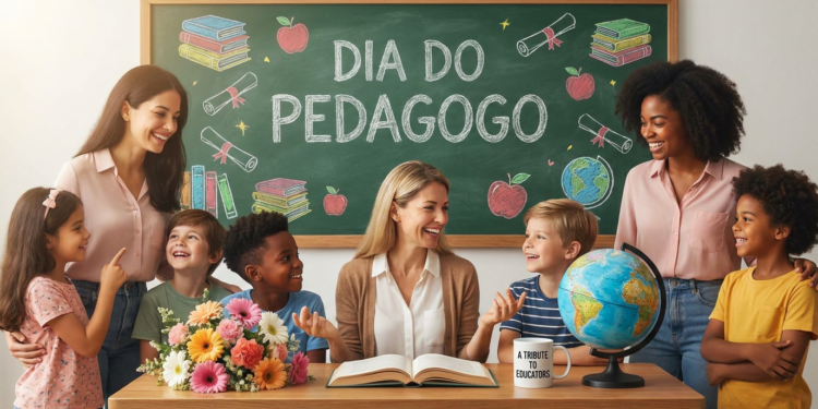 Três educadoras sorriem cercadas por crianças diversas, lousa verde com texto "Dia do Pedagogo", globo e flores.
