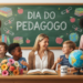 Três educadoras sorriem cercadas por crianças diversas, lousa verde com texto "Dia do Pedagogo", globo e flores.
