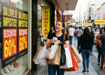 Mulher sorri com várias sacolas de compras nas mãos diante de vitrine com cartazes do Dia Livre de Impostos e descontos de até 60%.