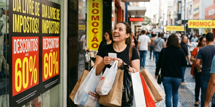 Mulher sorri com várias sacolas de compras nas mãos diante de vitrine com cartazes do Dia Livre de Impostos e descontos de até 60%.