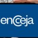 Mãos segurando tablet com logotipo do Encceja em destaque sobre cartão de inscrição e folha de redação
