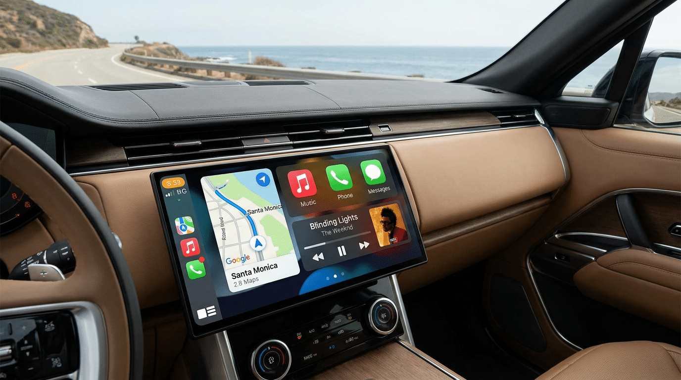 Interior da Range Rover com tela 13.1" curva mostrando CarPlay, mapa de Santa Monica e música The Weeknd, estrada costeira.