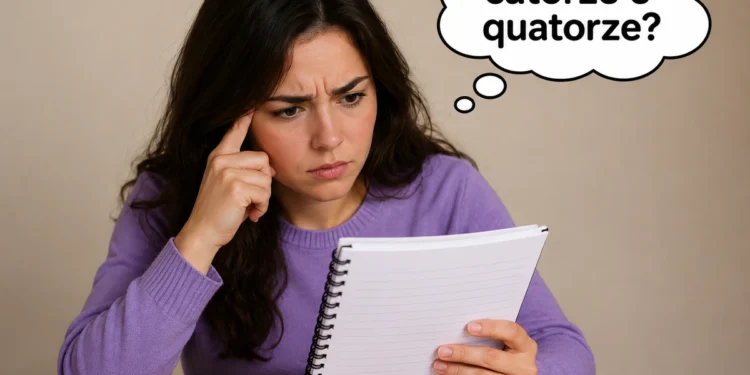 Pessoa confusa olhando para um caderno, representando a dúvida sobre a diferença entre catorze e quatorze na língua portuguesa.