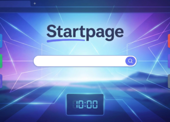 Tela do navegador com página Startpage, barra de busca central, relógio digital e ícones de atalhos.