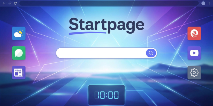 Tela do navegador com página Startpage, barra de busca central, relógio digital e ícones de atalhos.