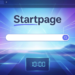 Tela do navegador com página Startpage, barra de busca central, relógio digital e ícones de atalhos.