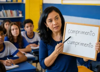 Professora em sala de aula mostrando em um quadro a diferença entre as palavras “comprimento” e “cumprimento” para alunos.