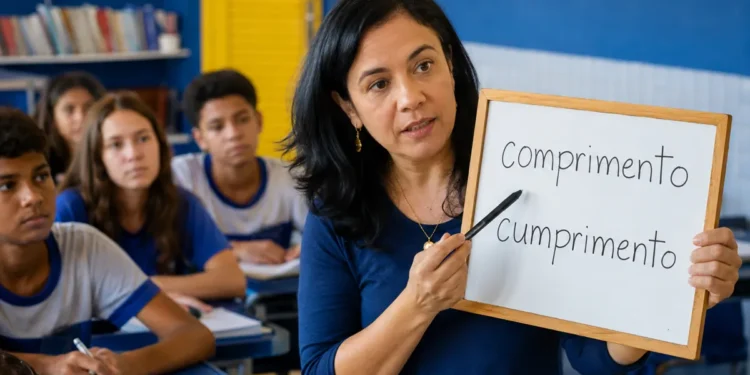 Professora em sala de aula mostrando em um quadro a diferença entre as palavras “comprimento” e “cumprimento” para alunos.