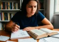 Estudante brasileira analisando a diferença entre “que” e “quê” enquanto consulta um livro de gramática em uma mesa de estudos, representando a dúvida sobre o uso correto dessas palavras.