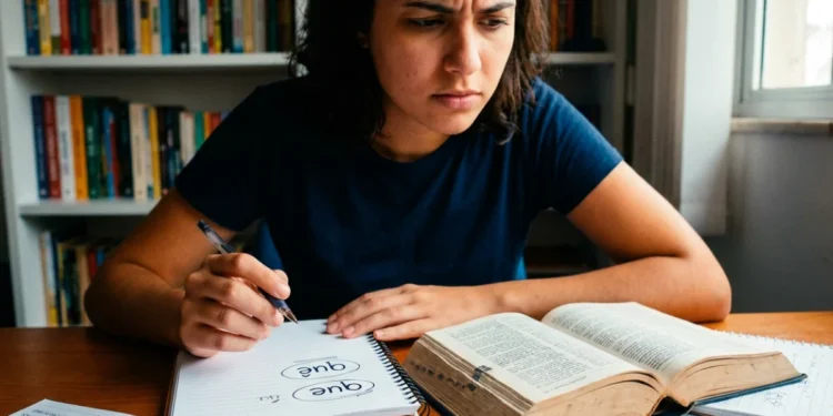 Estudante brasileira analisando a diferença entre “que” e “quê” enquanto consulta um livro de gramática em uma mesa de estudos, representando a dúvida sobre o uso correto dessas palavras.