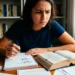Estudante brasileira analisando a diferença entre “que” e “quê” enquanto consulta um livro de gramática em uma mesa de estudos, representando a dúvida sobre o uso correto dessas palavras.