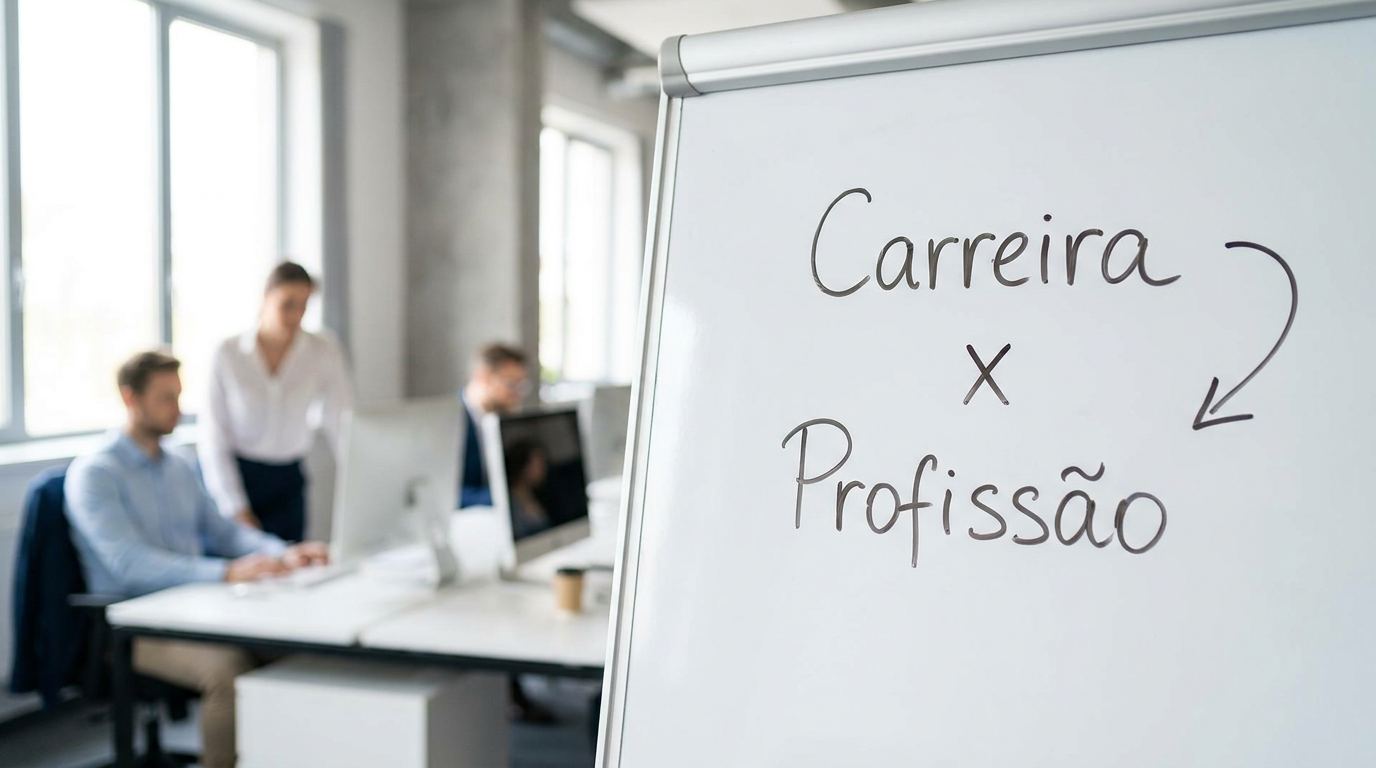 Quadro branco em escritório com texto "Carreira x Profissão" e setas, três profissionais desfocados ao fundo.