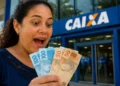 Mulher se surpreendendo ao segurar cédulas de reais em frente a uma agência da CAIXA, representando a liberação de R$ 6.220.