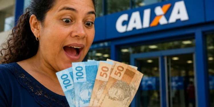 Mulher se surpreendendo ao segurar cédulas de reais em frente a uma agência da CAIXA, representando a liberação de R$ 6.220.