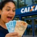 Mulher se surpreendendo ao segurar cédulas de reais em frente a uma agência da CAIXA, representando a liberação de R$ 6.220.