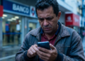 Homem de meia-idade observa tela do celular com expressão de preocupação em frente à fachada de agência bancária em dia chuvoso