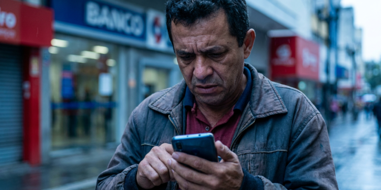 Homem de meia-idade observa tela do celular com expressão de preocupação em frente à fachada de agência bancária em dia chuvoso