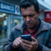 Homem de meia-idade observa tela do celular com expressão de preocupação em frente à fachada de agência bancária em dia chuvoso