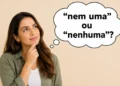 Mulher adulta pensativa olhando para balão de pensamento, representando a dúvida entre “nem uma” e “nenhuma” na língua portuguesa.
