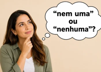 Mulher adulta pensativa olhando para balão de pensamento, representando a dúvida entre “nem uma” e “nenhuma” na língua portuguesa.