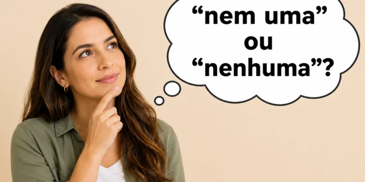 Mulher adulta pensativa olhando para balão de pensamento, representando a dúvida entre “nem uma” e “nenhuma” na língua portuguesa.