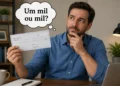 Homem segurando cheque e pensando se o correto é escrever “um mil” ou “mil”.