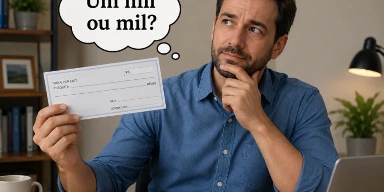 Homem segurando cheque e pensando se o correto é escrever “um mil” ou “mil”.