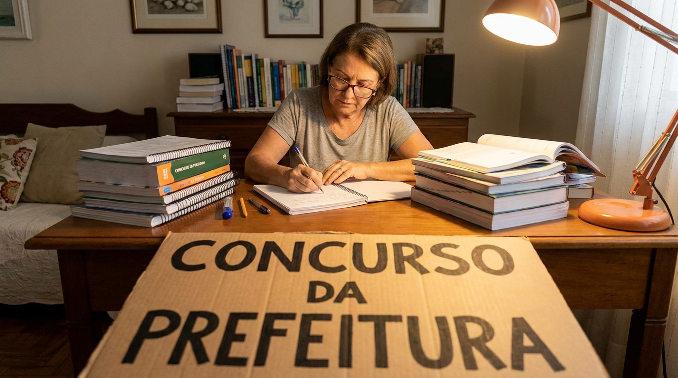 Mulher de óculos e cabelo castanho escreve em caderno, cercada de apostilas e livros, com placa "Concurso da Prefeitura"