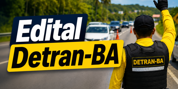 Agente do DETRAN-BA com camisa amarela e colete preto sinalizando parada para veículos em rodovia