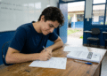 : Estudante preenche ficha de inscrição em sala de aula com cadernos e materiais sobre a mesa