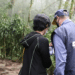Dois servidores do IBGE com colete e boné institucionais em trabalho de campo dentro de área de mata