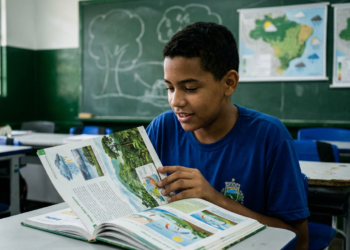Adolescente de camiseta azul folheia livro didático com ilustrações do ciclo hidrológico em sala de aula com mapas do Brasil.