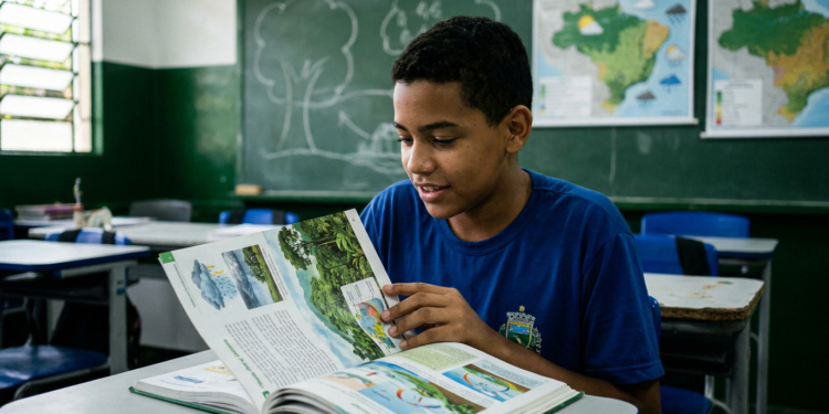 Adolescente de camiseta azul folheia livro didático com ilustrações do ciclo hidrológico em sala de aula com mapas do Brasil.
