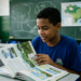 Adolescente de camiseta azul folheia livro didático com ilustrações do ciclo hidrológico em sala de aula com mapas do Brasil.
