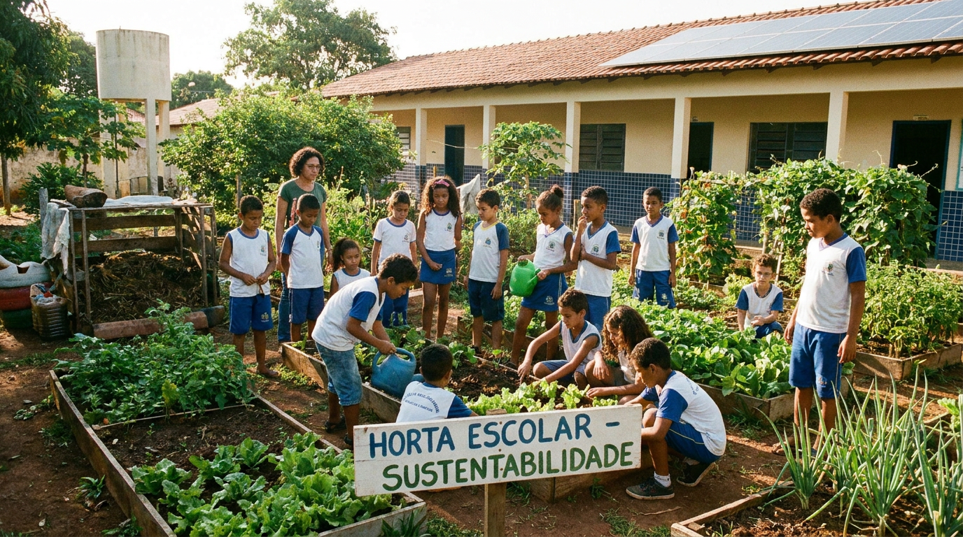 Crianças uniformizadas regam canteiros de hortaliças em projeto de horta escolar sustentável com painéis solares ao fundo.