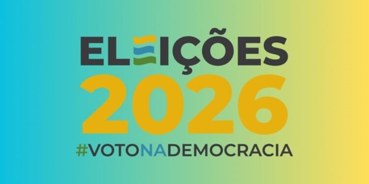 Identidade visual oficial das Eleições 2026 com a hashtag Voto na Democracia em fundo azul e amarelo degradê