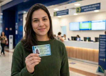 Mulher de blusa verde sorri segurando a nova Carteira de Identidade Nacional diante dos guichês de atendimento em centro comercial