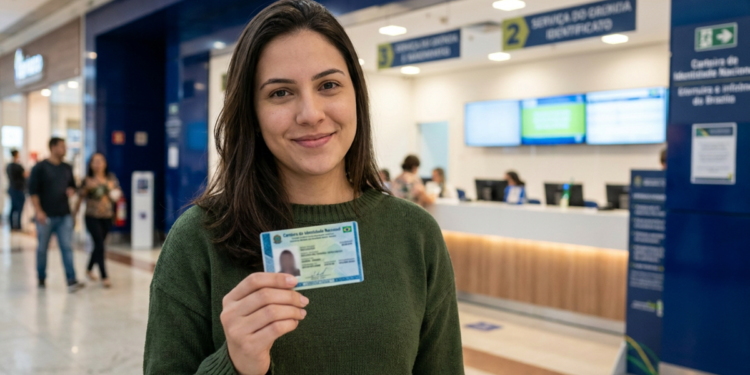 Mulher de blusa verde sorri segurando a nova Carteira de Identidade Nacional diante dos guichês de atendimento em centro comercial