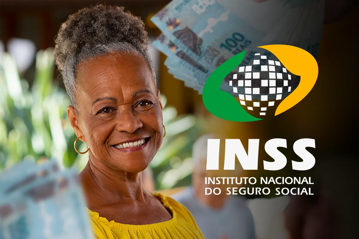 Beneficiária do INSS com cédulas de dinheiro e logotipo do Instituto Nacional do Seguro Social, representando o pagamento da primeira parcela do 13º.