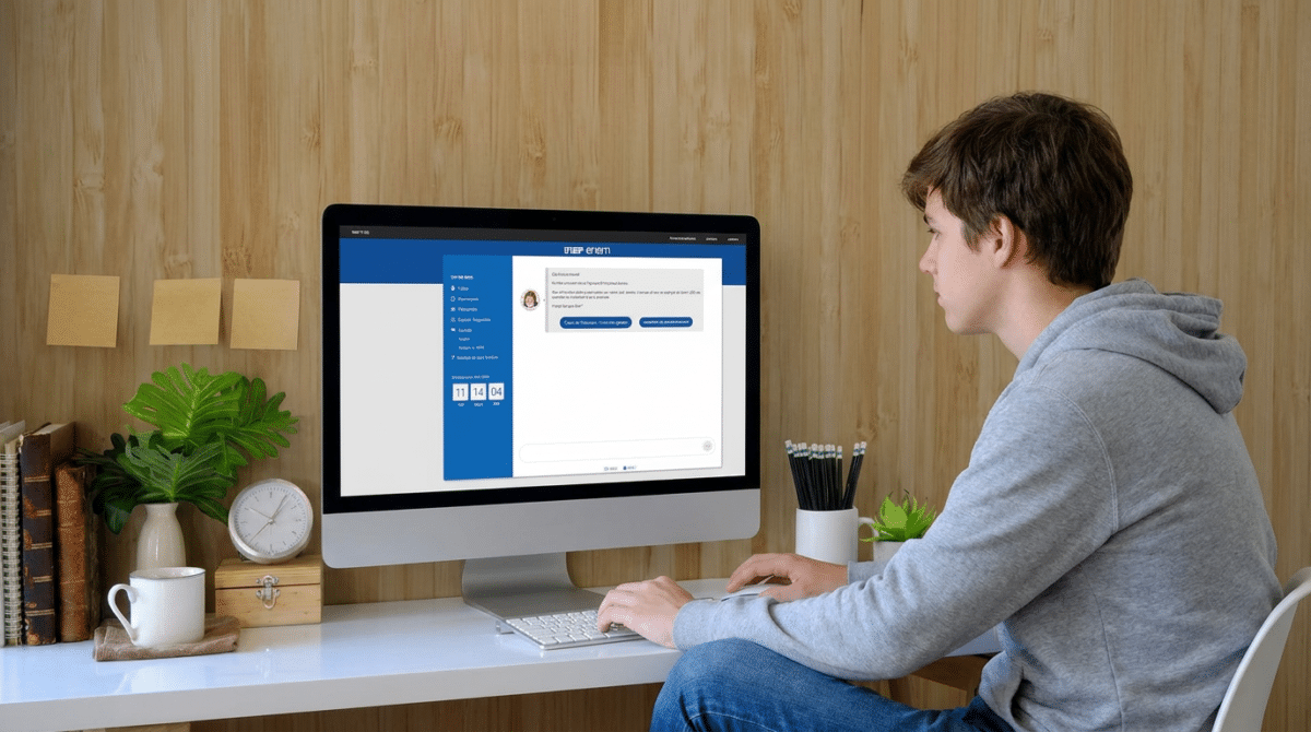 Jovem em frente a um computador acessa um site relacionado ao Enem em ambiente de escritório.