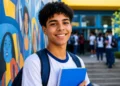 Estudante brasileira do ensino médio segurando caderno em escola pública, representando a inscrição automática no Enem e os novos locais de prova.