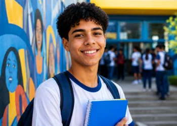 Estudante brasileira do ensino médio segurando caderno em escola pública, representando a inscrição automática no Enem e os novos locais de prova.