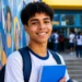 Estudante brasileira do ensino médio segurando caderno em escola pública, representando a inscrição automática no Enem e os novos locais de prova.