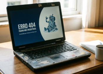 Laptop usado sobre mesa de madeira mostra página de erro 404 com ilustração de robô azul quebrado, ao lado de caneca e caderno.