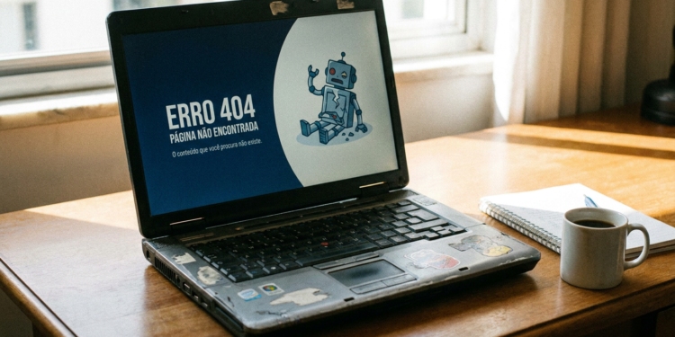 Laptop usado sobre mesa de madeira mostra página de erro 404 com ilustração de robô azul quebrado, ao lado de caneca e caderno.