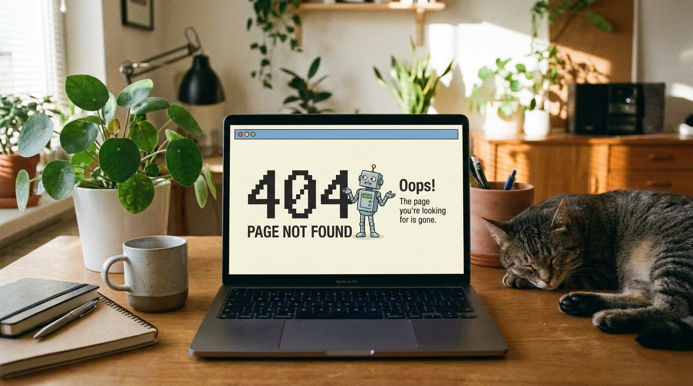 MacBook exibe página erro 404 com robô cinza ao lado de gato tigrado dormindo em mesa de home office decorada com plantas.