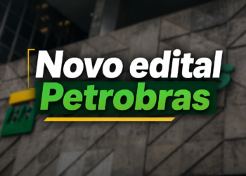 Arte promocional sobre novo edital Petrobras 2026 com logo BR em fundo cinza corporativo e texto em verde e branco.