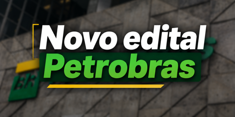 Arte promocional sobre novo edital Petrobras 2026 com logo BR em fundo cinza corporativo e texto em verde e branco.
